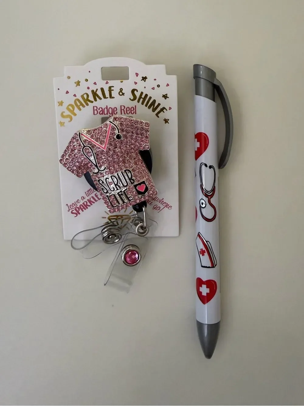 Gift Bundle SCRUB LIFE PINK Rhinestone Clip-on ID or Key Holder Nurse print Pen